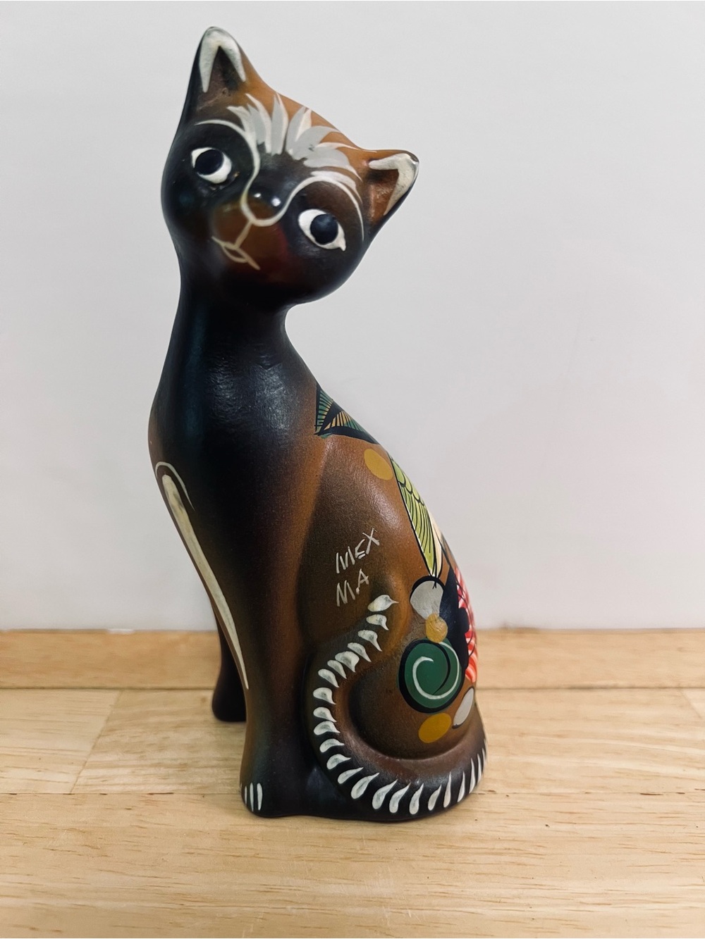 Vintage Tonala Mexican Clay Cat Figurine 7” Boho Hand Painted Signed Pottery
